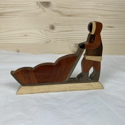 Caçador Inuit com Pedras de Escultura em Madeira de Trenó Canadá Artesanal nas Filipinas 6" - Imagem 1 de 4