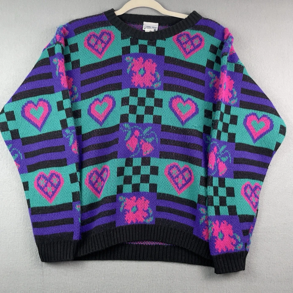 Suéter Vintage Cabin Creek Mujer Grande Negro Rosa Corazones Tejido a Mano AOP 90s Foto 1 de 4