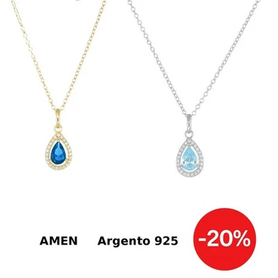 Collana Donna Argento 925 Goccia Zircone Colore Acquamarina o Blu Amen Gioielli - Immagine 1 di 4