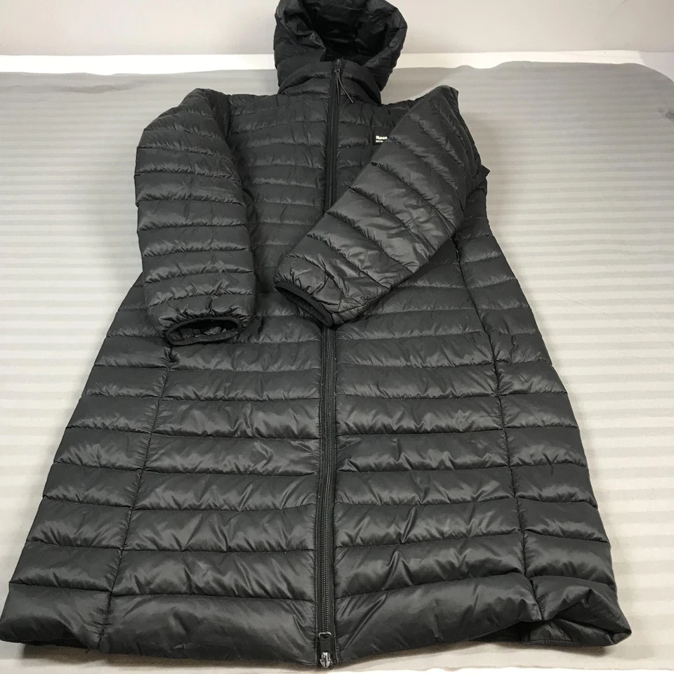 Abrigo Roots para mujer grande negro largo con capucha acolchado parka cremallera completa 90/10 plumón Foto 1 de 4