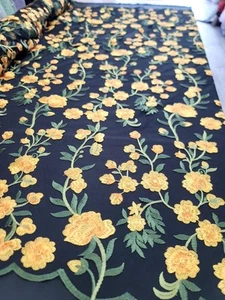 Yellow Floral Lace Fabric Sold by the Yard Green Leaves Embroidery On Black Mesh - Picture 1 of 12