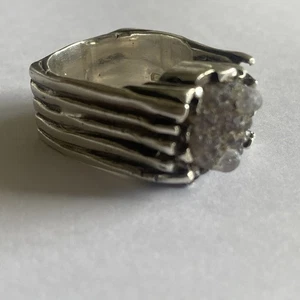 Vintage Sterling Silver Modernist Abstract Brutalist Chunky Ring-Size Q Quartz - Imagen 1 de 9