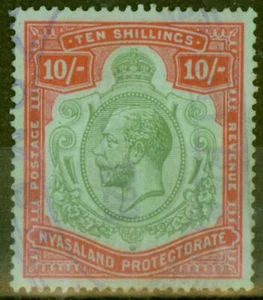 Nyasaland 1927 10s Green & Scarlet-Emerald SG113h Fine Used Fiscal Cancel - Picture 1 of 1