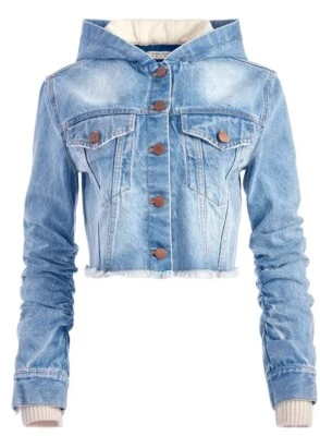 ALICE + OLIVIA EMMA SUDADERA CON CAPUCHA DE MANGA ARRUGADA CHAQUETA DE MEZCLILLA TALLA S NWOT Foto 1 de 4