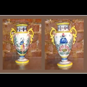 Quimper France ๐ซ๐ท signed Handpainted Vintage Breton Woman Vase With Handles - Picture 1 of 8
