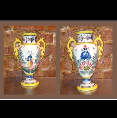 Quimper France 🇫🇷 signed Handpainted Vintage Breton Woman Vase With Handles - Image 1 of 4