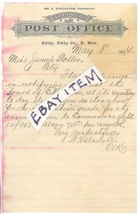 1894 Eddy New Mexico CARLSBAD Post Office William Slaughter JENNIE POTTER Lehre - Bild 1 von 2