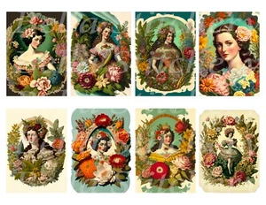 Set of 8 Gothic Floral Ladies Collage Fussy Cut STICKERS - Just Cut & Use! - Picture 1 of 1