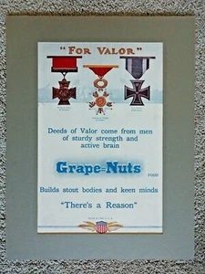 Vintage c. 1918 WWI 14"x18" Matted Grape Nuts "For Valor" Ad Advertisement - Picture 1 of 4