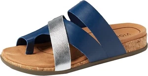 New Vionic Luelle Navy Blue Silver Leather Slides Sandals Womens Sz 7.5 - Picture 1 of 5