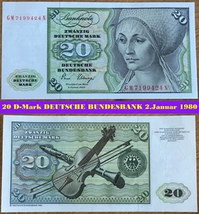 Ⓜ️ 20 Deutsche Mark ☘️ 2.Januar 1980 DM 💥 Schein Bundesbank 🍄 GM 7199424 N 🌐 - Bild 1 von 3