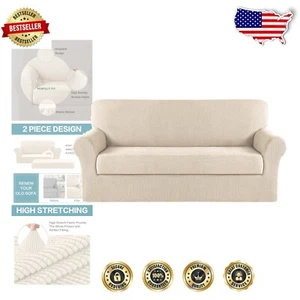 Stretch Jacquard 2-Piece Washable Sofa Covers in Biscotti Beige - Perfect Fit - Picture 1 of 10