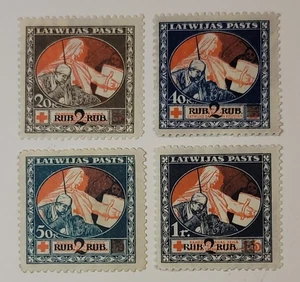 Lettland Briefmarke Scott# B13-B16 "Barmherzigkeit" Aufdruck Rotes Kreuz -Aufpreis 1921 MH  - Bild 1 von 9