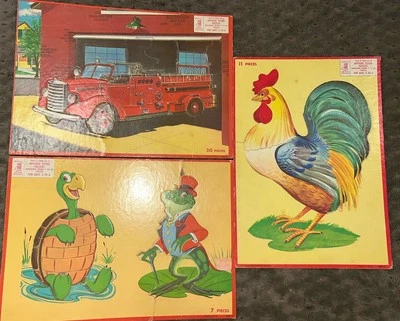 3 Vntg Milton Bradley children's frame tray puzzles Rooster FireTruck 1950s/60s - Image 1 of 4