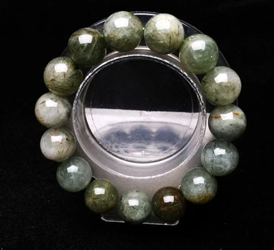 14.5mm Natural Green Hair Rutilated Crystal Gemstone Round Beads Bracelet AAA - Image 1 of 4