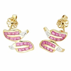New! 9Carat Yellow Gold Ruby & Diamond Leaf Cluster Stud Earrings (13x15mm) - Picture 1 of 3
