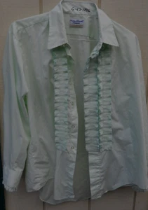 VINTAGE 70's GREEN RUFFLE MEN'S TUXEDO LONG-SLEEVE SHIRT SZ LRG BY PALM BEACH - Picture 1 of 6