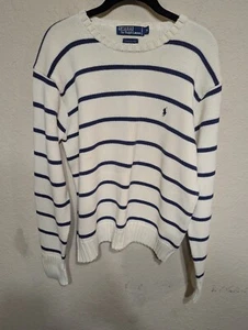 Vintage Polo Ralph Lauren Sweater Mens M Pullover Crewneck Cream Stripe READ - Picture 1 of 5