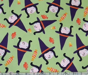 Little Witch Matilda Halloween Green Fabric - Picture 1 of 1