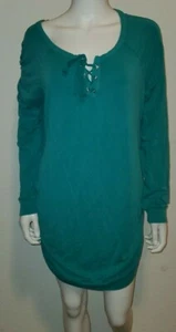 ISABEL MATERNITY TEAL LONG RUCHED PULLOVER SWEATER LACE UP COLLAR LARGE - Picture 1 of 5