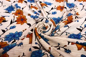 Vintage Cream Sarees Pure Crepe Silk Printed Sari Soft Craft Fabric Floral Art - Picture 1 of 3