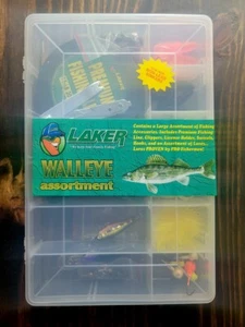 VINTAGE LAKER WALLEYE Fishing Kit Crankbaits Jigs Hooks Swivels Clippers Line + - Picture 1 of 8