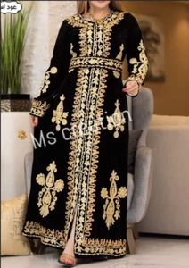 New Velvet Moroccan Dubai Kaftans Black Abaya Farasha Dress Very Fancy Long Gown - Picture 1 of 5