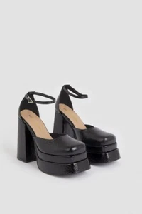 Karen Millen Double Platform 2 Part Court Shoes Block Heels Uk 6 EU 39 US9 Black - Picture 1 of 13