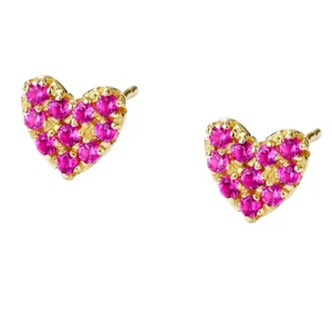 Solid 14K Yellow Gold Ruby Corundum Love Heart Stud Earrings Handmade Certified - Picture 1 of 4
