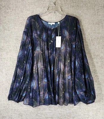 Vince Deco Pleated Sheer Blouse w Cami Womens 3XL Navy Floral NEW $375 - Image 1 of 4