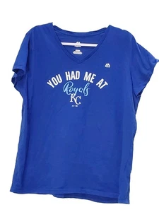 Kansas City KC Royals Majestic Women's XL Blue Baseball V-Neck T-Shirt MLB - Picture 1 of 8