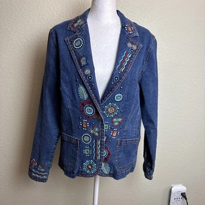 Ruby Rd Women's Jacket Jean Denim Size 10 Blue Embroidery Pockets Button - Image 1 of 4