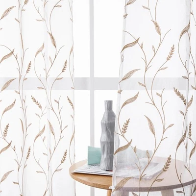 Cortinas transparentes de hojas bordadas marrones 63 pulgadas de largo 2 paneles para dormitorio, ser... Foto 1 de 4