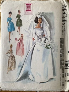 Vtg 60's McCall's 7091 Wedding Gown Dress & Train sewing pattern 10 b31 UNCUT - Picture 1 of 2
