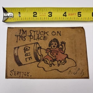 I’m Stuck On This Place Vintage Leather Postcard Seattle Washington 1907 Posted - Picture 1 of 6