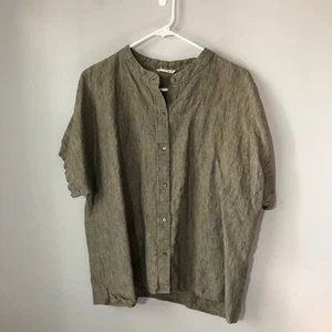 Eileen Fisher organic linen button up short sleeve blouse womens L/XL khaki boxy - Picture 1 of 11