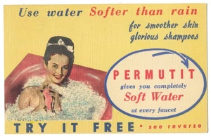 PERMUTIT ABLANDADOR DE AGUA - Bonita dama en bañera 1950 lino AD postal - Imagen 1 de 2