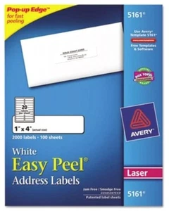 AVERY 5161 White EASY PEEL Mailing Address Labels, 1" x 4", 2000pcs-100 sheets - Picture 1 of 1