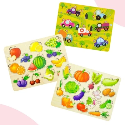 Puzzle Legno Bambini Set Veicoli/Frutta/Verdura 1 2 3 Anni Giochi Educativi Gioc - Immagine 1 di 4