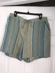 Caslon Drawstring Striped Linen Shorts Green & Plum Size 14 - Picture 1 of 6