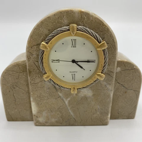 Marble Quartz Desk Clock Beige  Gold & Silver Detail I304 Cover