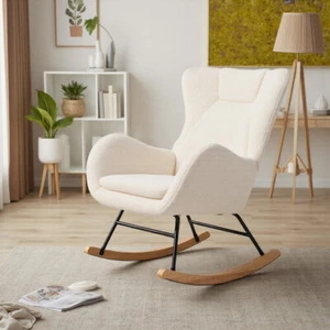Nursery Rocking Chair Upholstered Boucle Glider Rocker With High Backrest White - Picture 1 of 13