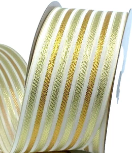 Champagne Baroque Noel 2.5" by 5 yds Gold Metallic Ivory Stripe Wired Ribbon - Picture 1 of 2