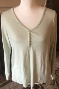 Lands End Women's Size Large Top-Green with White Polka-dots. V Neck Long Sleeve - Picture 1 of 5