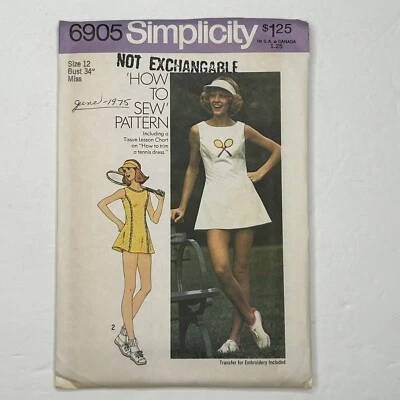 1970s Simplicity UNCUT Sewing Pattern 6905 Misses Tennis Dress Panties Visor 12 - Image 1 of 2