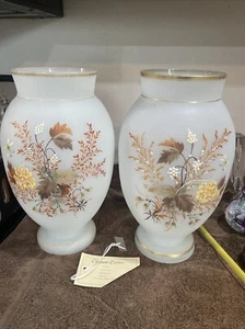 Large Pair Antique 12" HP White Opaline Bristol Vases  Dragonfly & Flowers Gold - Picture 1 of 10