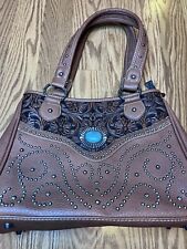 TRINITY RANCH WOMEN'S BROWN TOOLED FLORAL LEATHER LARGE WESTERN HANDBAG PURSE
