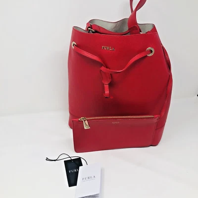 Furla 100% Leather Bucket Purse Bag 793925 Ruby Color Drawstring - Image 1 of 4