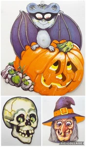Vintage Halloween gestanzte doppelseitige Deko Hexe Totenkopf Fledermaus/JOL von Randim - Bild 1 von 19
