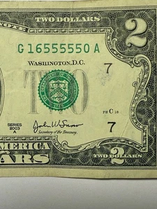 Five In A Row 5s Two Dollar Bill $2 Fancy Serial Number G16555550A Series 2003 A - Picture 1 of 10